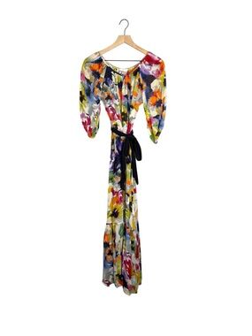 Anthropologie Meadow Rue Silk Maxi Dress Sz 0 Floral Watercolor Wedding Guest